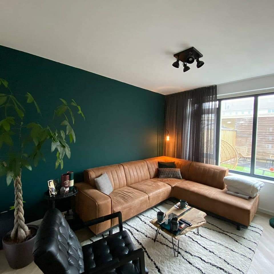 Woonkamer met diepgroene gesausde wand en cognac leren bank